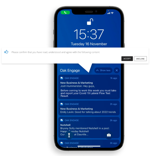 Image shows Oak Engage mobile app with notifications