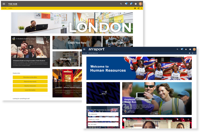 Image shows two intranet homepages ‘London’ & ‘Human Resources’, including Wellbeing applet