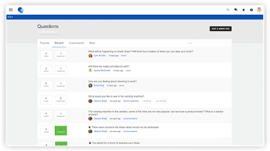 Q&A function on intranet, with employees asking questions on various topics