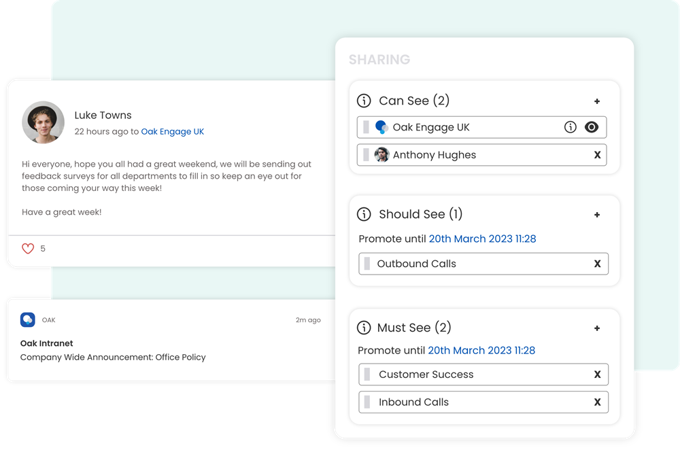 a timeline post on Oak Engage’s AI news platform and a push notification alongside permissions