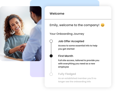 Employee onboarding screen showing welcome message and progress through onboarding stages.