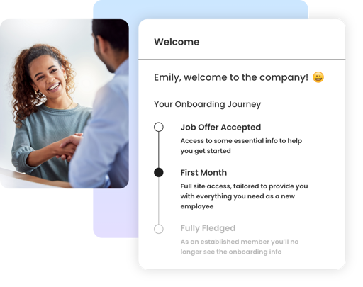 Employee onboarding screen showing welcome message and progress through onboarding stages.