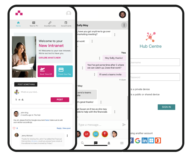 Three mobile phones showing an intranet home page, instant messaging and login screen