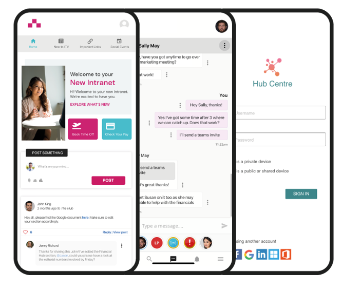 Image shows three mobile devices with intranet homepage, messaging and log-in portal