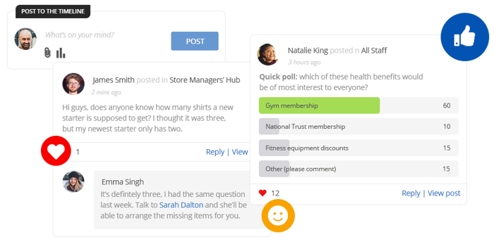 screens showing employees using Oak Engage's intranet messaging service