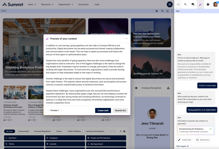 Preview window on digital workplace platform Oak Engage showing a piece of AI generated content