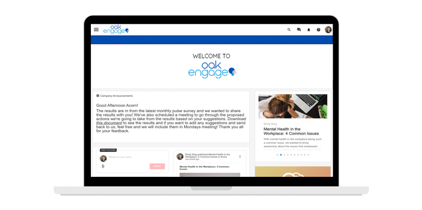 mockup of oak engage intranet with a pulse survey announcement