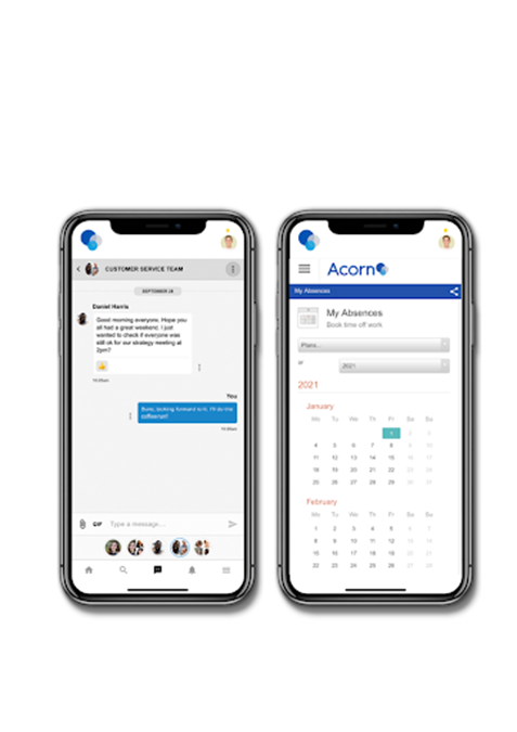 Oak mobile app on two mobile devices. The left showing a customer service team chat and the right showing an absence booking applet