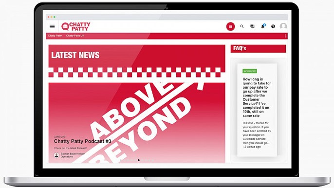 Laptop shows Chatty Patty featuring latest company news and FAQs