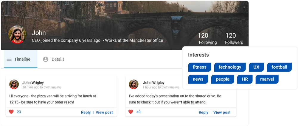 mage shows ‘John’s’ employee profile with tagged interests including fitness and technology