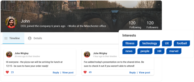 mage shows ‘John’s’ employee profile with tagged interests including fitness and technology