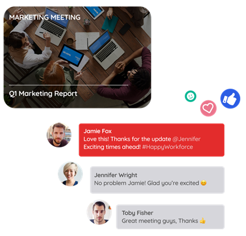 Marketing meeting chat shows exchange between team of employees