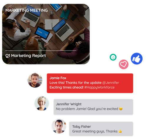 Marketing meeting chat shows exchange between team of employees