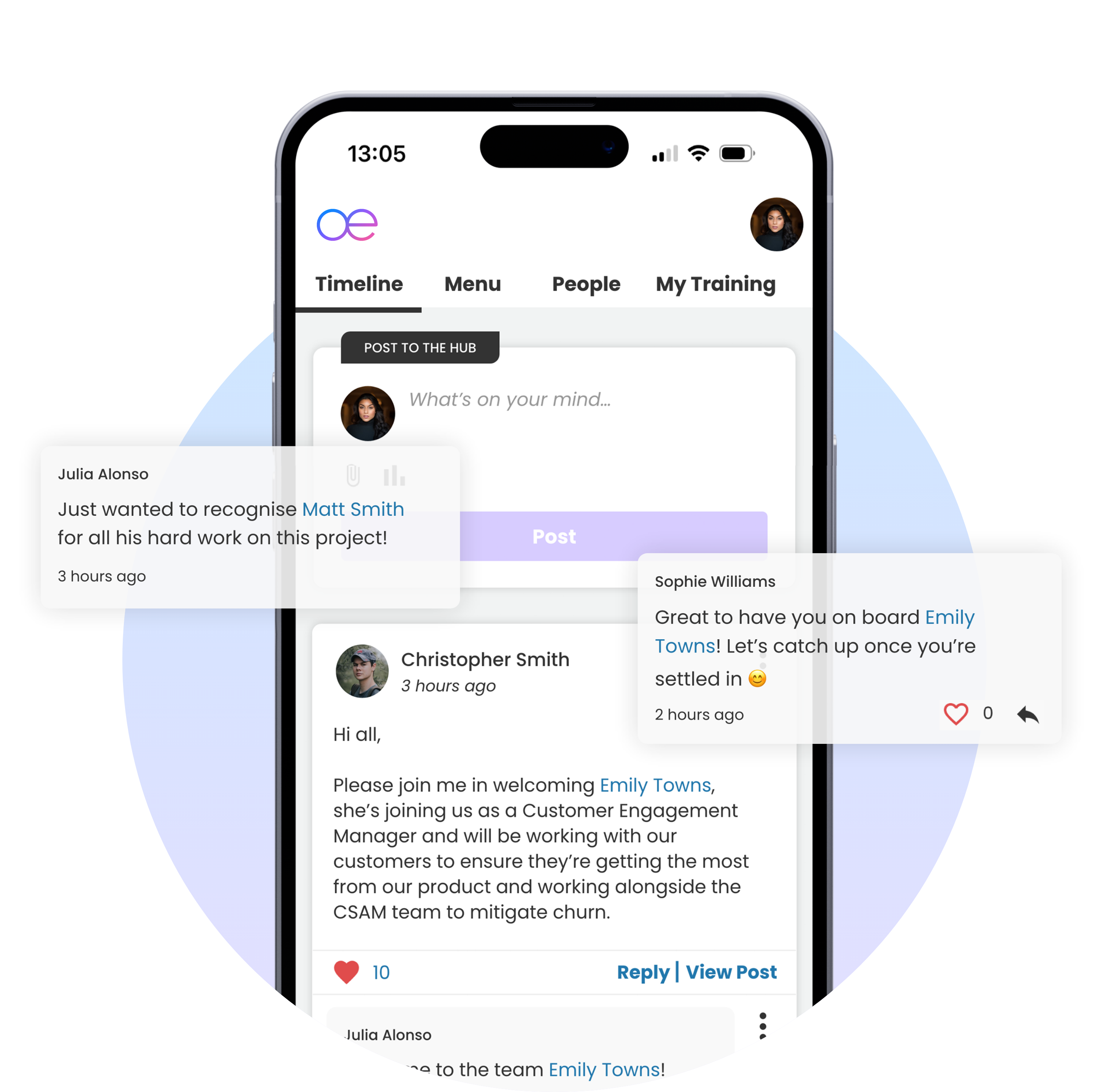 An image of a phone showing a social timeline on a company intranet