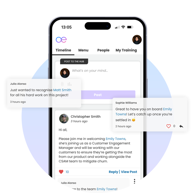 An image of a phone showing a social timeline on a company intranet