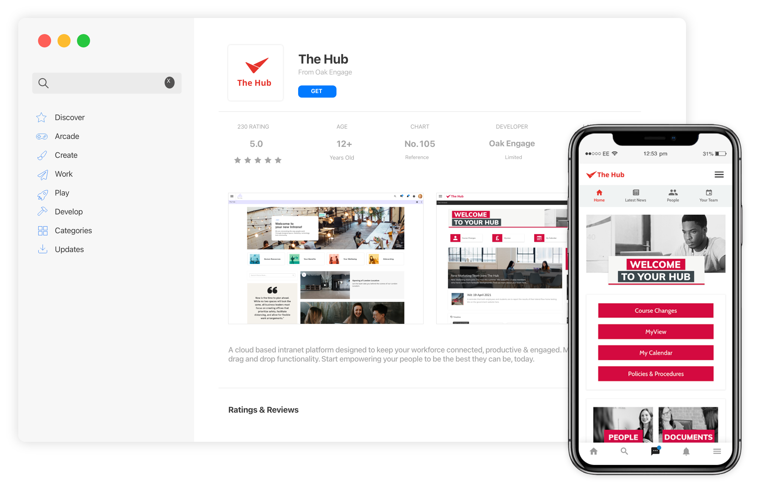 Image of download screen on app store for the ‘The Hub’ mobile app, accompanied by image of mobile app homepage