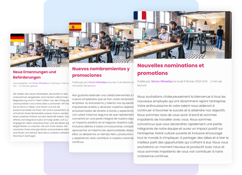 Three cards show the same workplace update in German, Spanish, and French with a modern office image