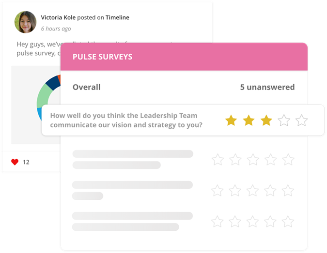 Image shows Pulse Survey question ‘how well do you think the leadership team communicate our vision and strategy to you?’ with a rating out of 5 stars