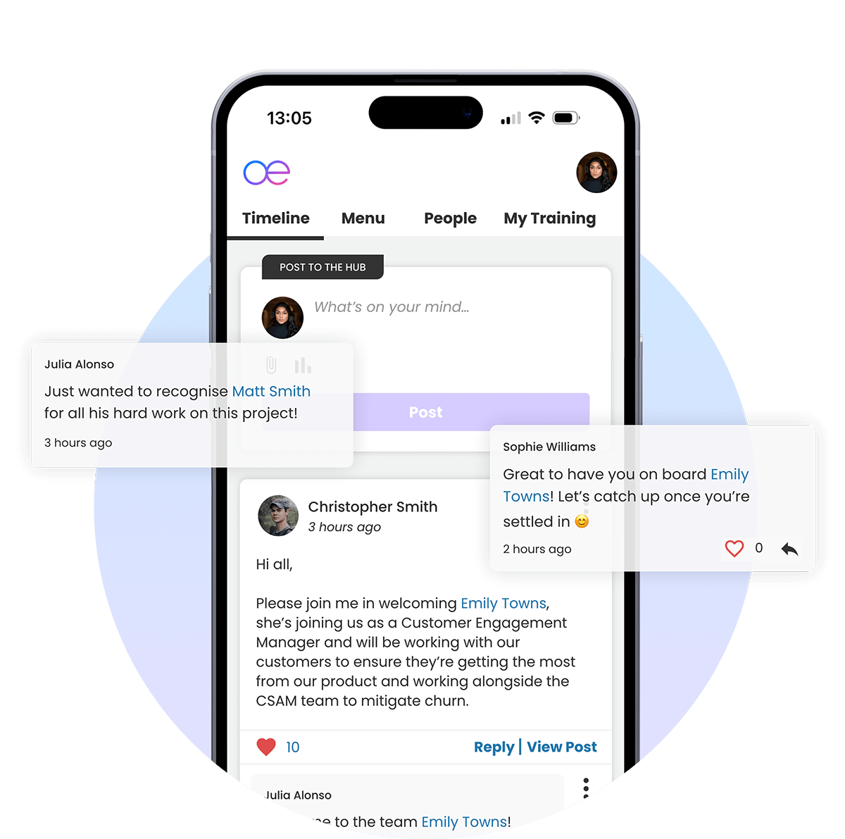 Mobile app screen showing employee recognition and welcome messages.