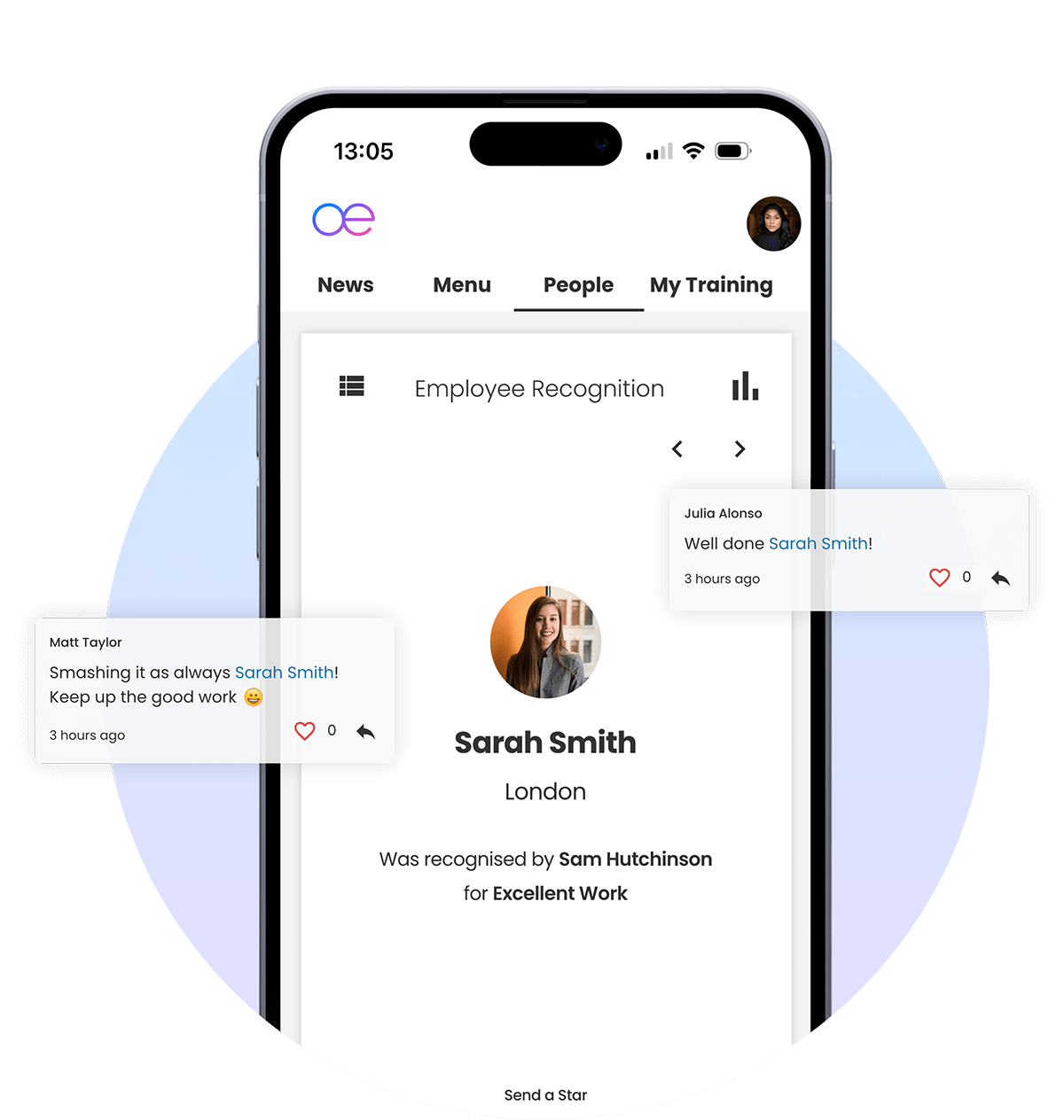 An image showing a mobile phone with Oak Engage's intranet platform with an employee being recognised for excellent work.