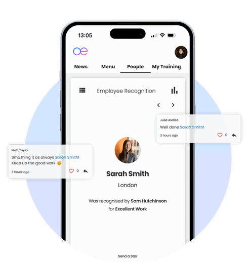 An image showing a mobile phone with Oak Engage's intranet platform with an employee being recognised for excellent work.