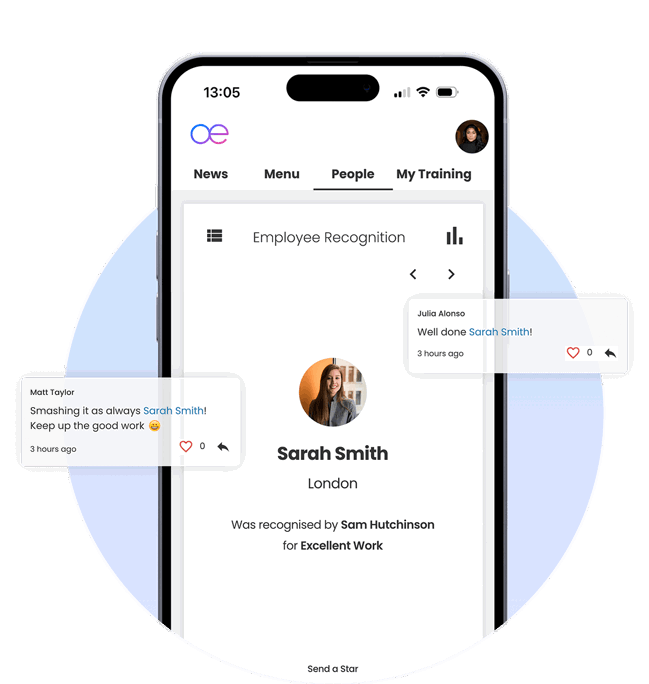 An image showing a mobile phone with Oak Engage's intranet platform with an employee being recognised for excellent work.