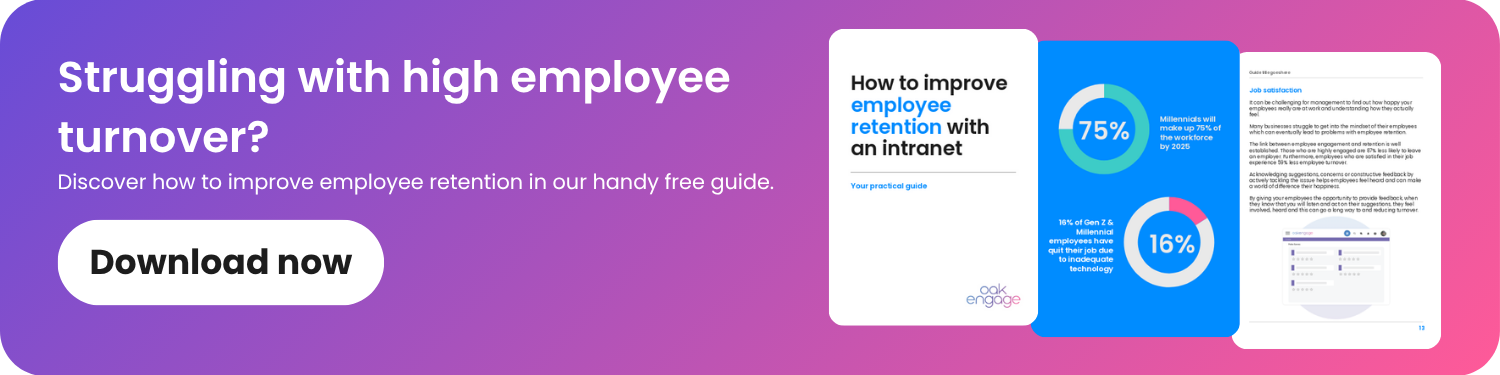 An image of a purple to pink gradient background with the title: 'Struggling with high employee turnover? Discover how to improve employee retention in our handy free guide' with a 'Download now' call to action and a preview of the guide