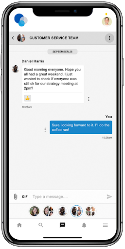 A mobile phone shows a Customer Service Team group chat