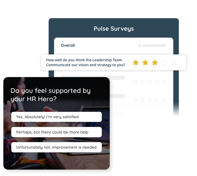 Image on the left shows a poll on HR support, image on the right shows a Pulse Survey question on leadership communication