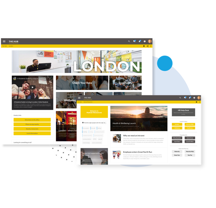 Image on the left shows a ‘London’ hub and image on the right shows a news feed featuring articles and useful applets