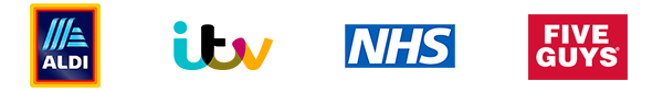 Aldi, ITV, NHS and Five Guys logos