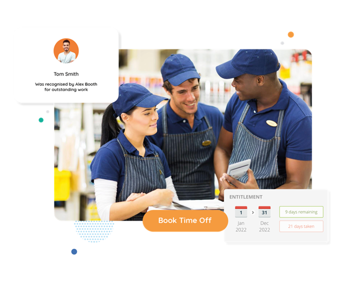 Image shows retail workers around a device, surrounded by images of holiday booking and employee recognition systems