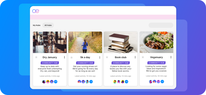 Community hubs dashboard showing Dry January, 5k a day, Book club and Veganuary with latest activity updates.