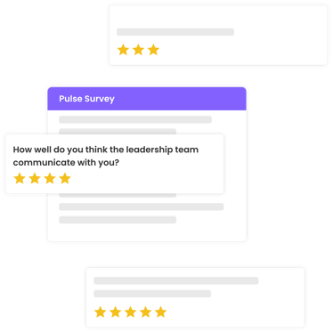 Pulse survey graphic showing leadership question with 4-star rating and surrounding star feedback boxes