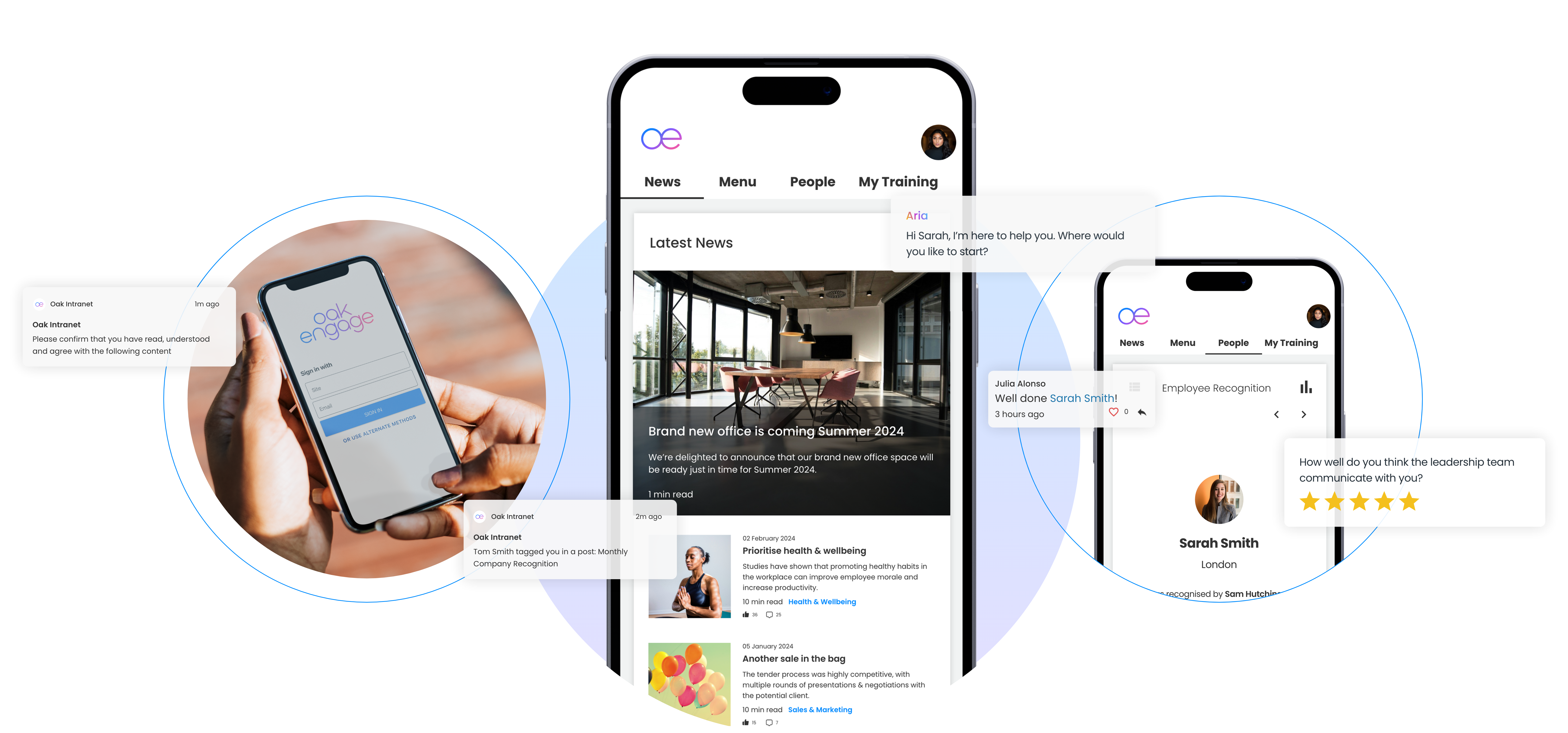 Mobile intranet app interface showing news, employee recognition, log-in screen and feedback prompts.