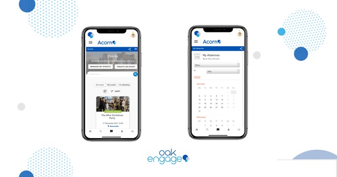 Mobile app showing event scheduling on one device and absence timetable on the other