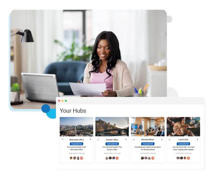 pullout showing screens of Oak Engage's intranet portal hubs