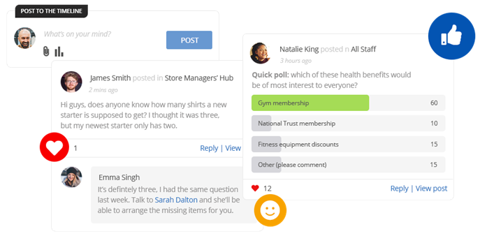 Intranet social feed with post on ‘Store Managers’ Hub’ and a poll in ‘All Staff’