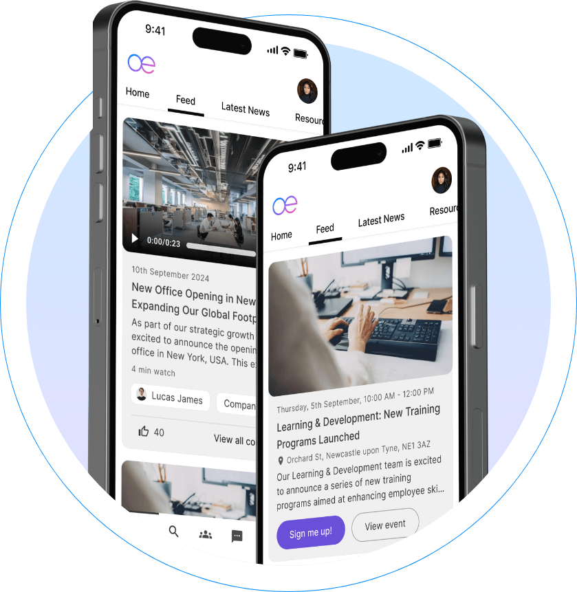 An image showing two mobile phones overlapping with Oak Engage's intranet showing a smart feed with articles.