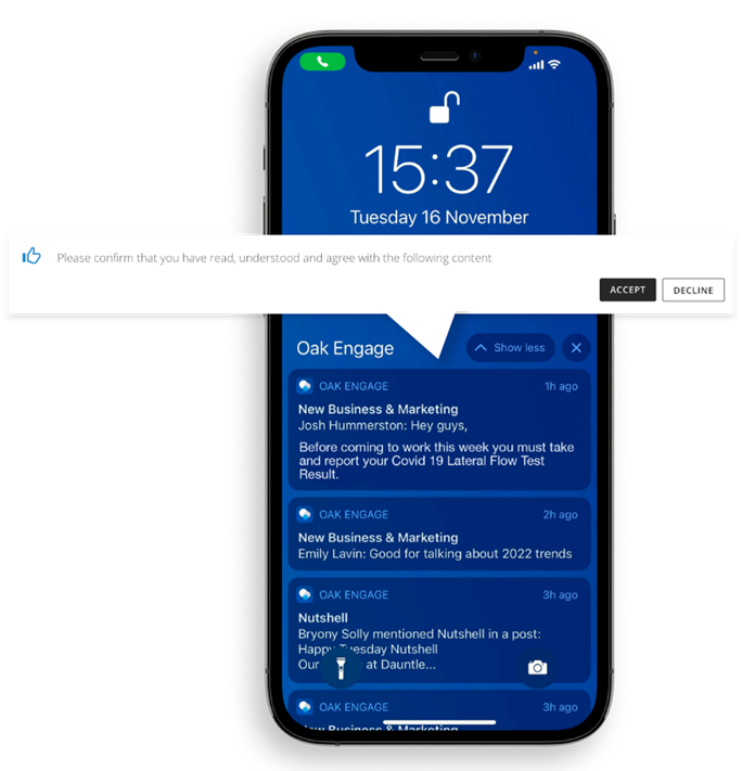 screenshot shows push notification from Oak Engage app