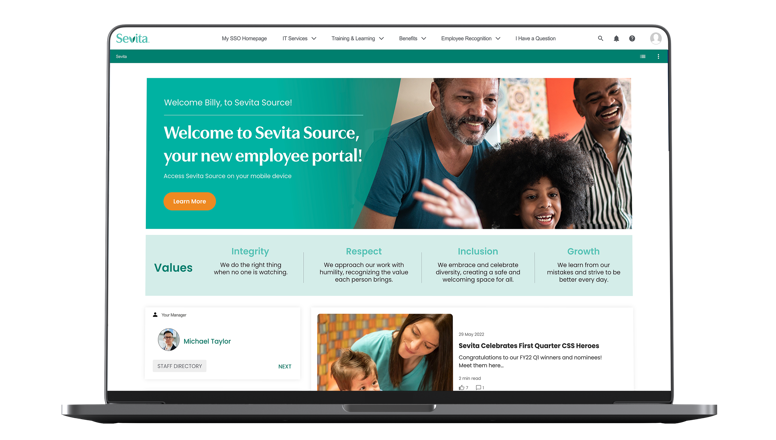 An image of a laptop mockup showing Sevita's employee portal
