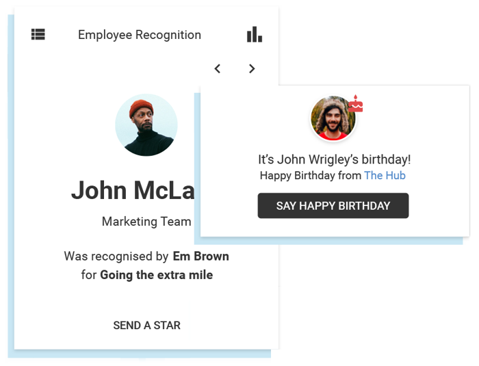 Oak Engage's employee recognition software shown on mobile screen with example praise for work colleagues