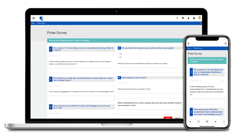 Oak’s Pulse Survey function on desktop and mobile applications