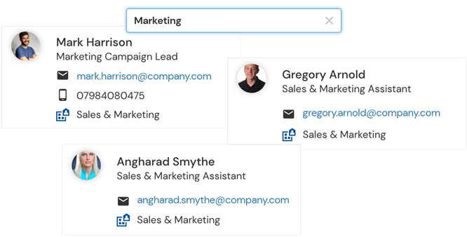 Image shows profiles that match 'Marketing' search term