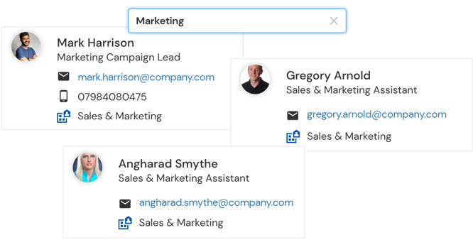 Image shows profiles that match 'Marketing' search term