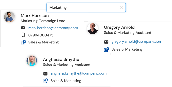 Image shows ‘Marketing’ in search bar with directory profiles of those in marketing department