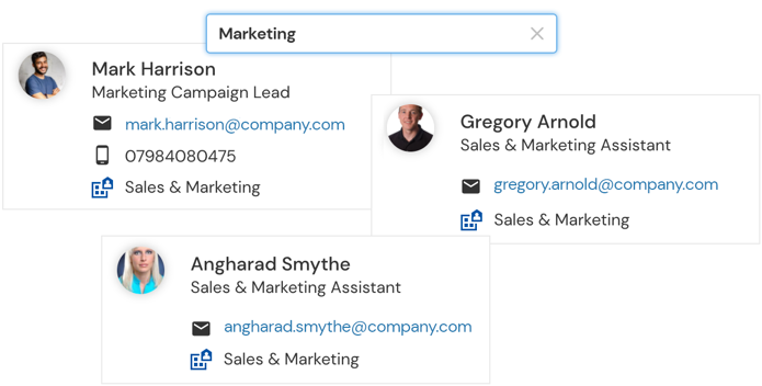 Image shows ‘Marketing’ in search bar with directory profiles of those in marketing department