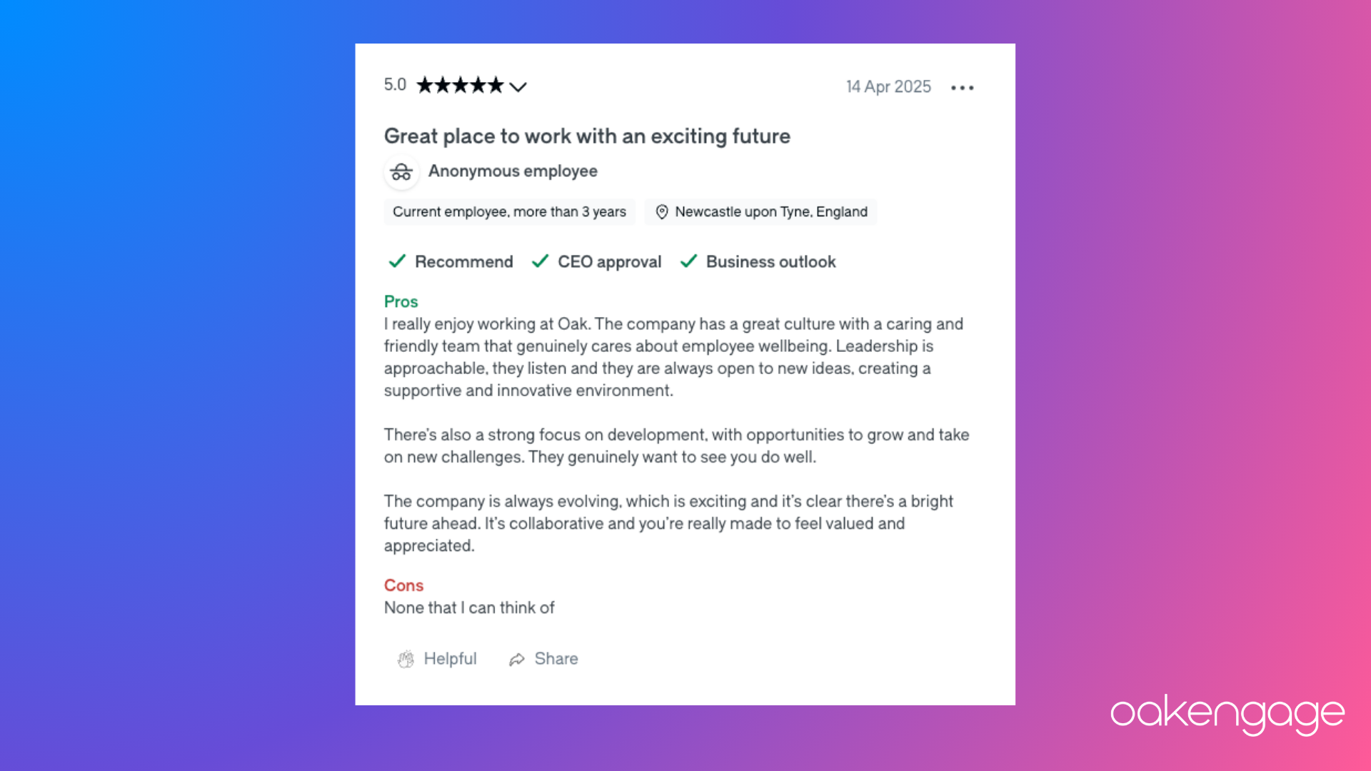 An image showing a screenshot of an employee Glassdoor review for Oak Engage.